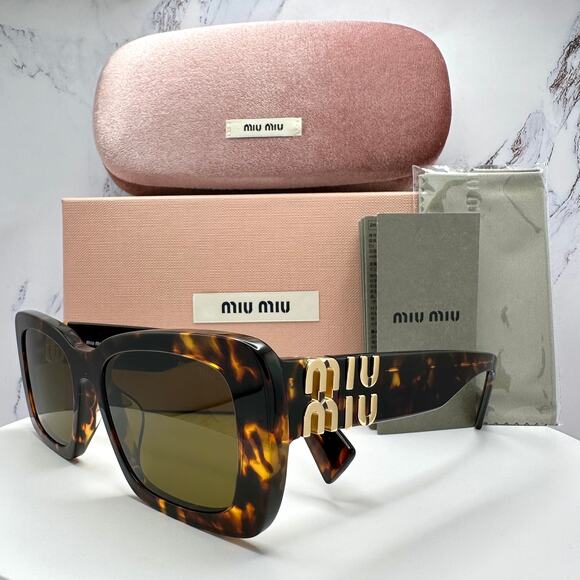New MIU MIU Sunglasses Brown Tortoise Acetate Gold Metal Logo Italy Authentic - Picture 1 of 16
